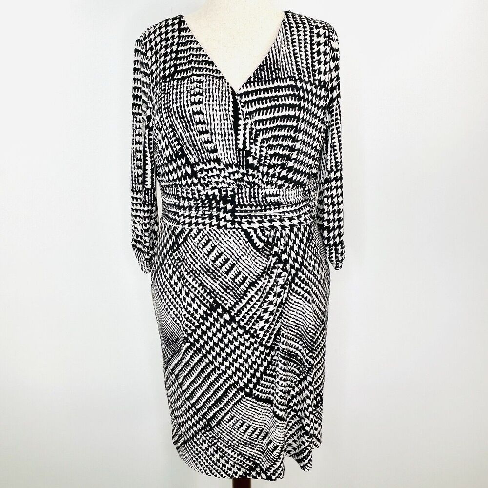 Tahari Dress 16 Black White Midi Plaid 3/4 Sleeve Sheath Faux Wrap Casual Work